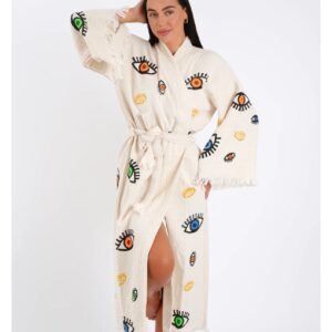 Халат от 100% органичен памук с ръчен печат и органични багрила Evil Eye Protection, бял с оранжева, зелена и синя шарка