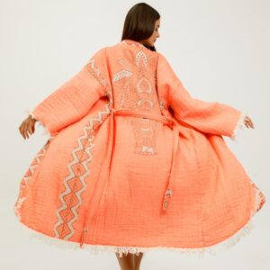 Халат от 100% органичен памук с ръчен печат и органични багрила Elephant, оранжев