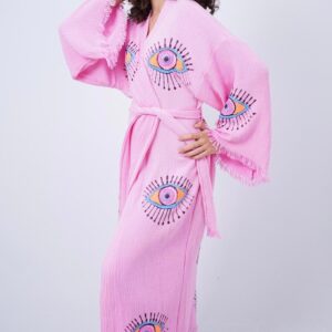 Халат от 100% органичен памук с ръчен печат и органични багрила Evil Eye Protection, светло розов
