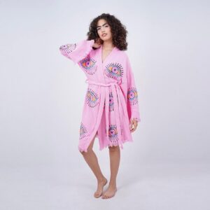 Халат от 100% органичен памук с ръчен печат и органични багрила Evil Eye Protection, светло розов, миди дължина