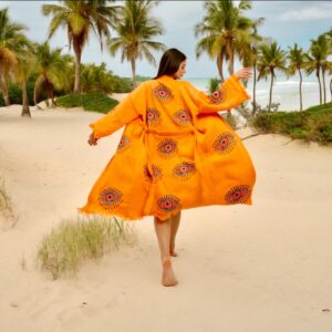 Халат от 100% органичен памук с ръчен печат и органични багрила Evil Eye Protection, оранжев, миди дължина