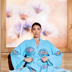 Халат от 100% органичен памук с ръчен печат и органични багрила Evil Eye Protection, син