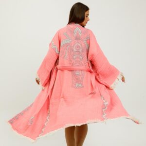 Халат от 100% органичен памук с ръчен печат и органични багрила Elephant, корал