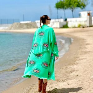 Халат от 100% органичен памук с ръчен печат и органични багрила Evil Eye Protection, тюркоазено зелено, миди дължина