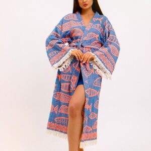 Халат от 100% органичен памук с ръчен печат и органични багрила Fish, син