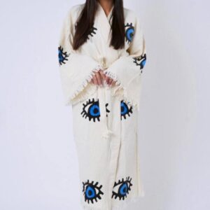 Халат от 100% органичен памук с ръчен печат и органични багрила Evil Eye Protection, бял със синьо