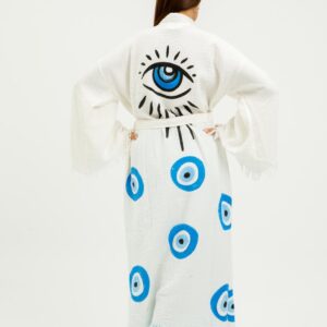 Халат от 100% органичен памук с ръчен печат и органични багрила Evil Eye Protection, син, амулет