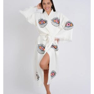 Халат от 100% органичен памук с ръчен печат и органични багрила Evil Eye Protection, бял с оранжева шарка, миди дължина