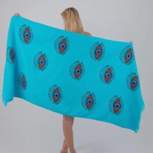 Кърпа от 100% органичен памук с ръчен печат и органични багрила Evil Eye Protection, тюркоазено синьо