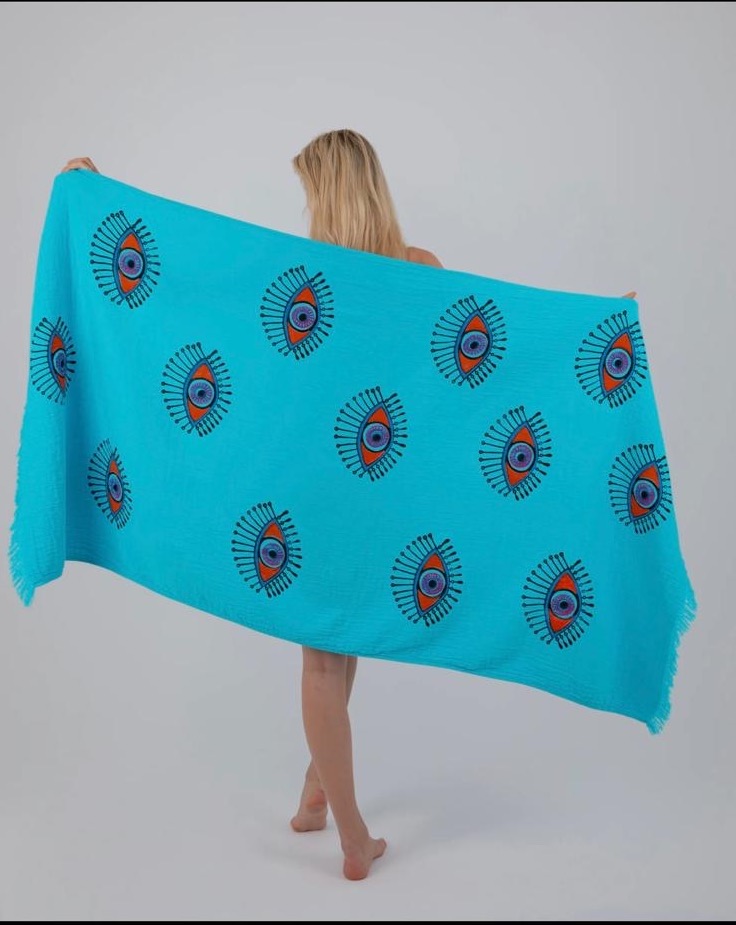 Кърпа от 100% органичен памук с ръчен печат и органични багрила Evil Eye Protection, тюркоазено синьо