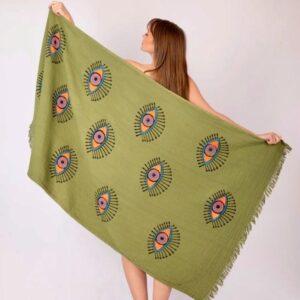 Кърпа от 100% органичен памук с ръчен печат и органични багрила Evil Eye Protection, зелено каки