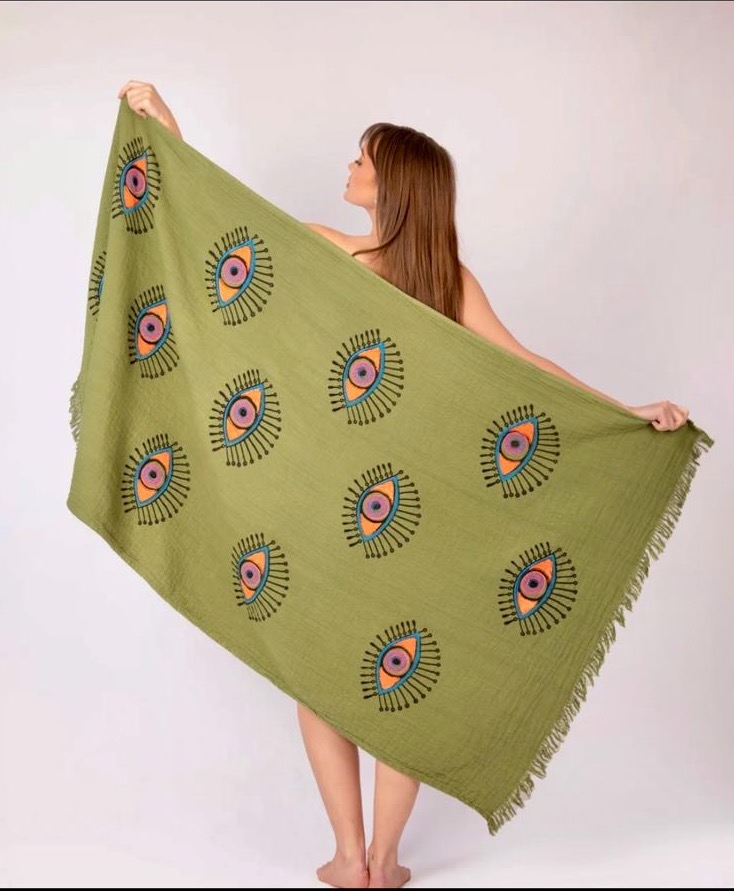Кърпа от 100% органичен памук с ръчен печат и органични багрила Evil Eye Protection, зелено каки