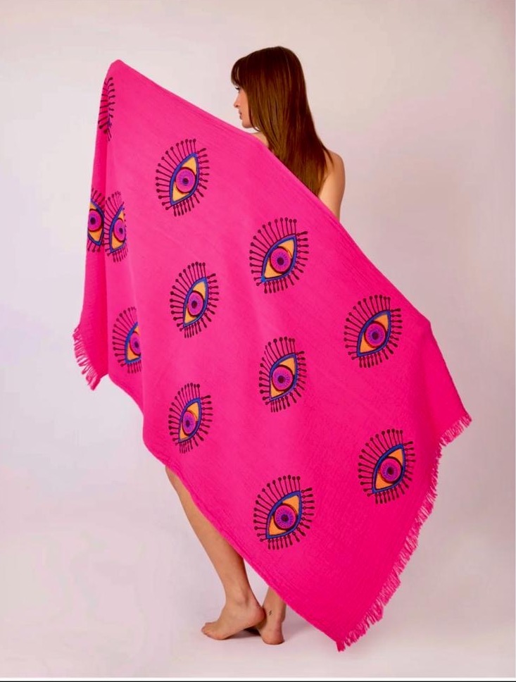 Кърпа от 100% органичен памук с ръчен печат и органични багрила Evil Eye Protection, фуксия