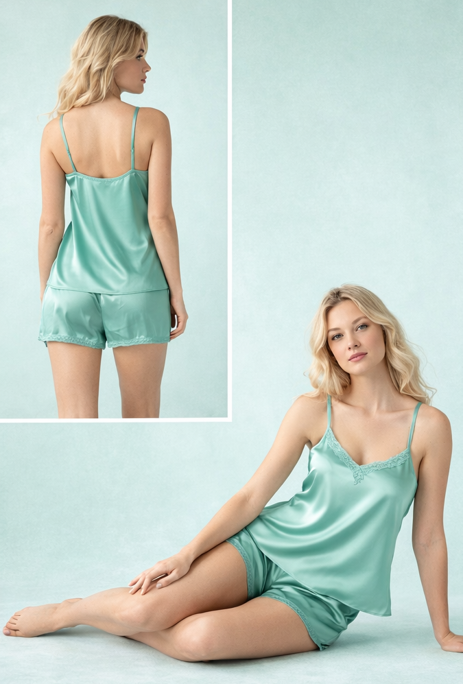 Сатенена дамска пижама с къси панталон
