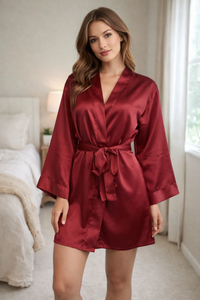 Сатенен дамски халат, червен цвят