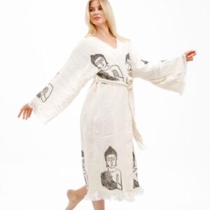 Халат от 100% органичен памук с ръчен печат и органични багрила Evil Eye Protection, Buda, миди дължина